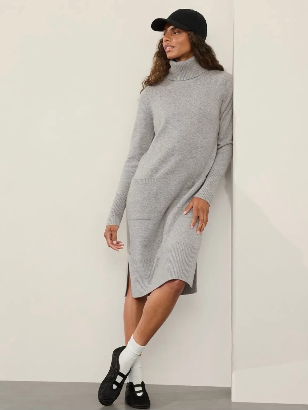 ATHLETA Alpine Turtleneck Sweater Dress Gray Wool Cashmere S Cozy Warm Ribbed